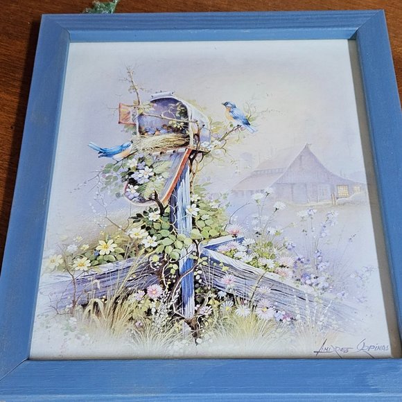 Set of 2 blue framed birdhouse ad mailbox pictures 1999 signed And Orpinas - Picture 2 of 7
